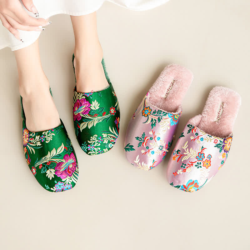 Retro Floral Embroidered Plush House Slippers - image 0