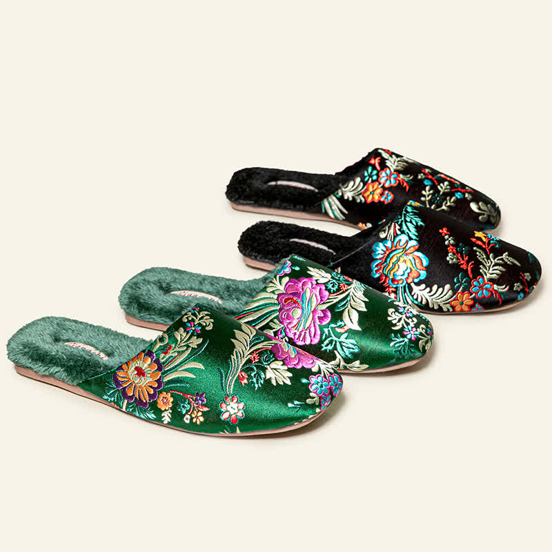 Retro Floral Embroidered Plush House Slippers - image 1