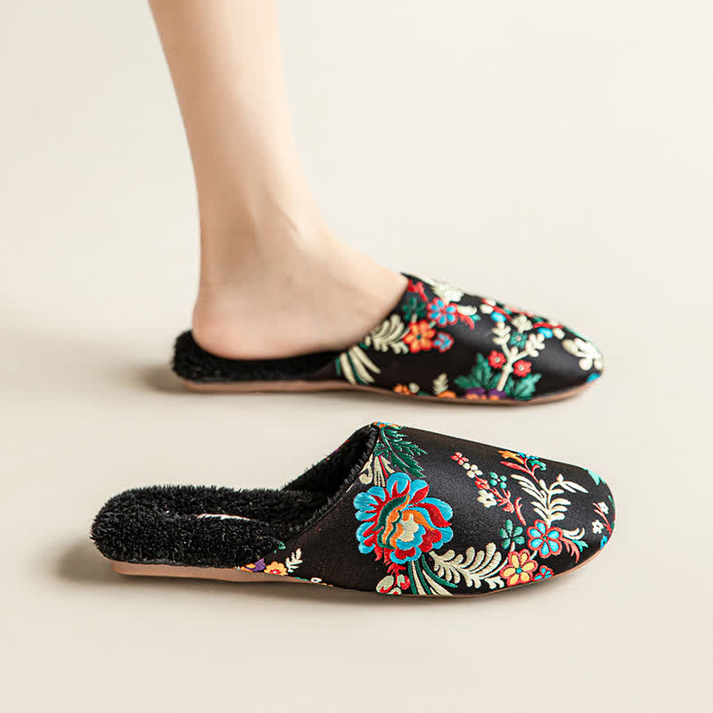 Retro Floral Embroidered Plush House Slippers - image 8