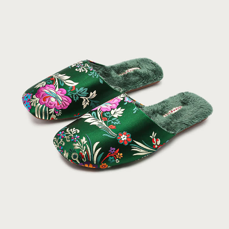 Retro Floral Embroidered Plush House Slippers - Green - L - image 3