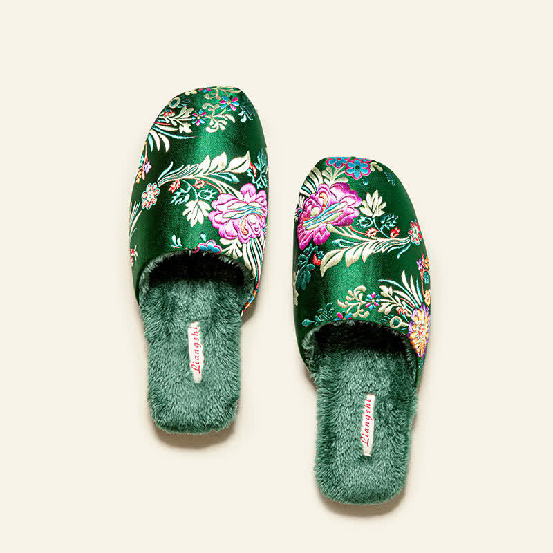Retro Floral Embroidered Plush House Slippers - image 5