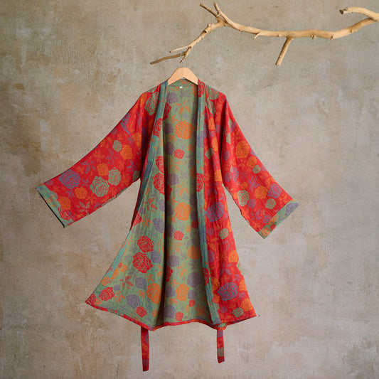 Romantic Rose Cotton Gauze Kimono Robe - Red - XL - image 0