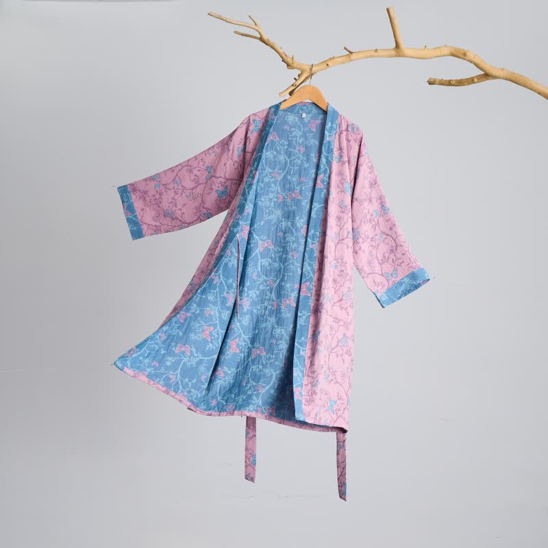 Elegant Floral Butterfly Cotton Gauze Kimono Robe - image 9