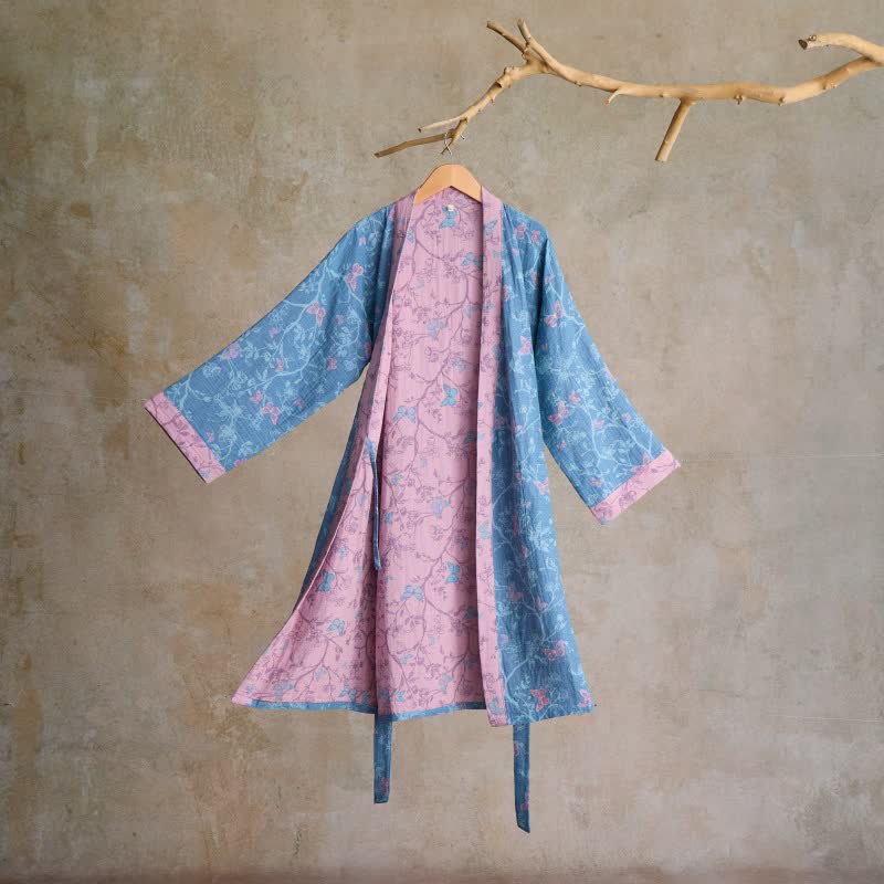 Elegant Floral Butterfly Cotton Gauze Kimono Robe - Blue - L - image 0