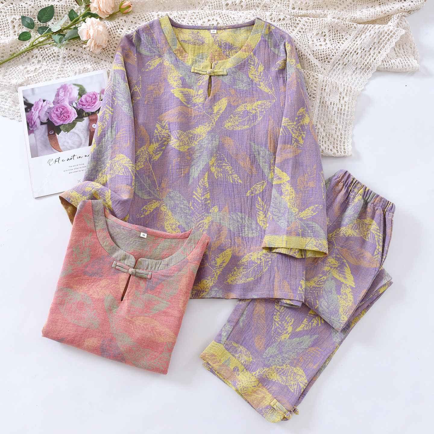 Oriental Style Leaf Pure Cotton Pajama Set - image 0