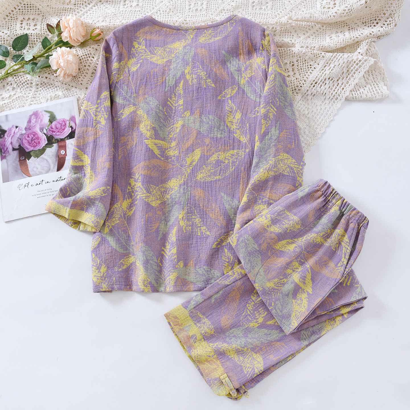 Oriental Style Leaf Pure Cotton Pajama Set - image 3