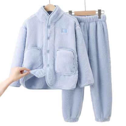 Solid Button Child Plush Loungewear Set - Blue - Child:170cm - image 0