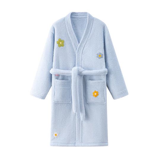 Floral Plush Child Robe with Pocket - Blue - Child:140-160cm - image 0