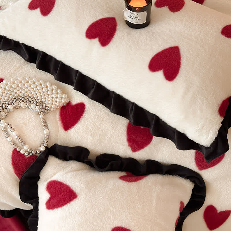 Heart-Print Plush Bedding Set with Romantic Ruffles(4PCS) - image 3