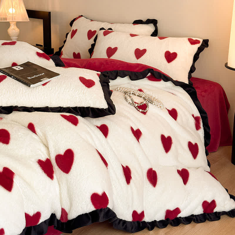 Heart-Print Plush Bedding Set with Romantic Ruffles(4PCS) - image 2