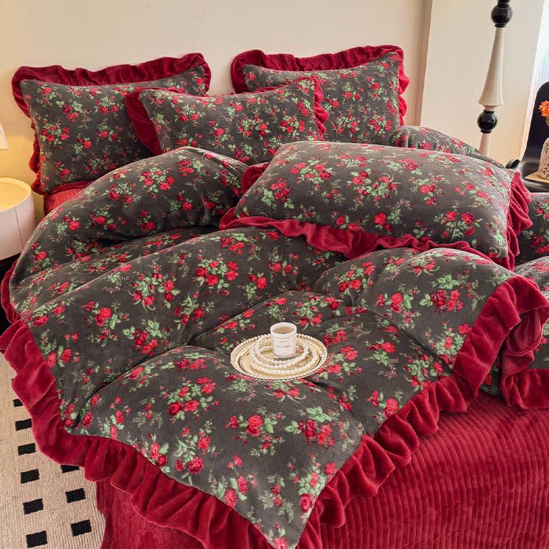 Vintage Rose Floral Velvet Ruffle Bedding - image 4