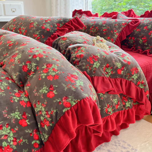 Vintage Rose Floral Velvet Ruffle Bedding - Bedding Set (4PCS) - King - image 0