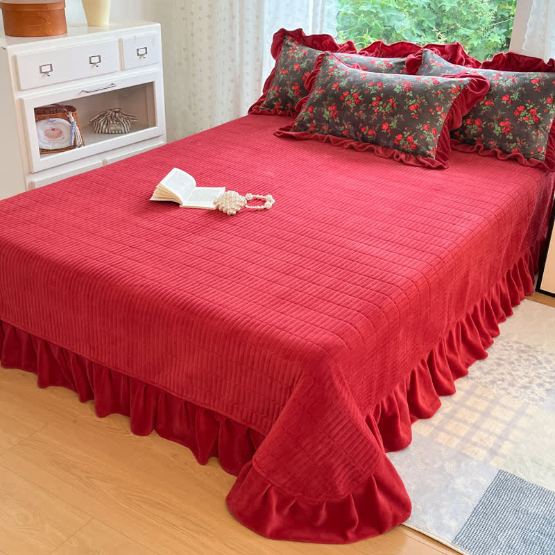 Vintage Rose Floral Velvet Ruffle Bedding - Bed Skirt with 2pcs Pillowcases - King - image 5