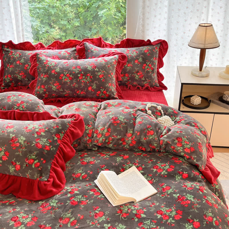 Vintage Rose Floral Velvet Ruffle Bedding - image 3