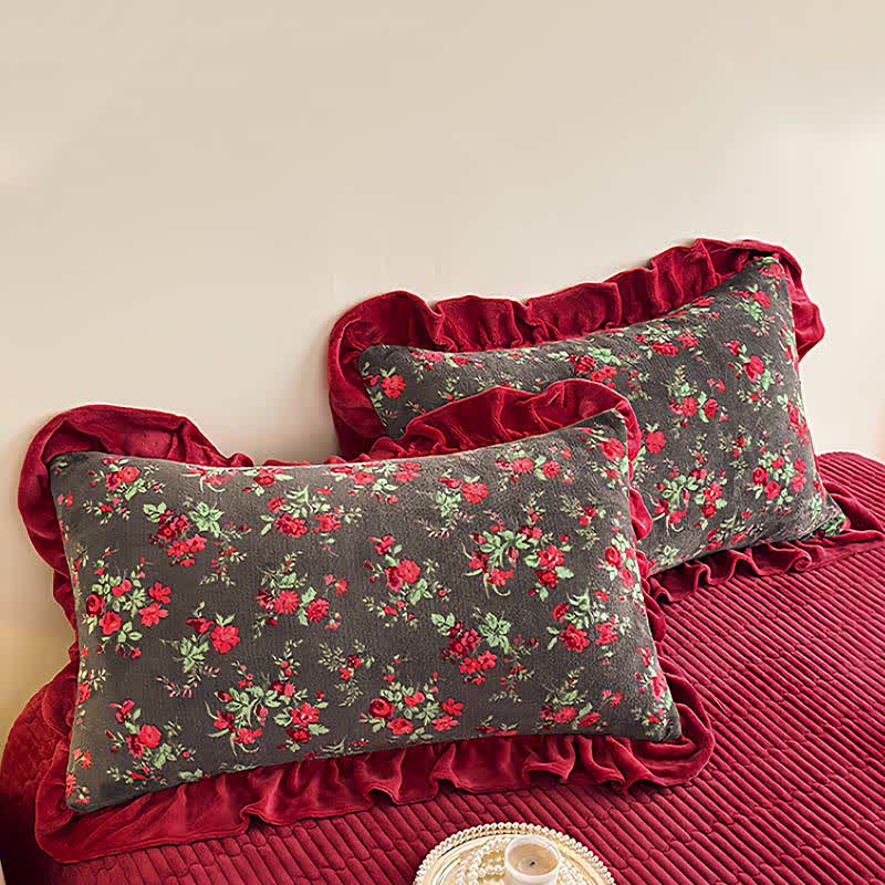 Vintage Rose Floral Velvet Ruffle Bedding - image 6