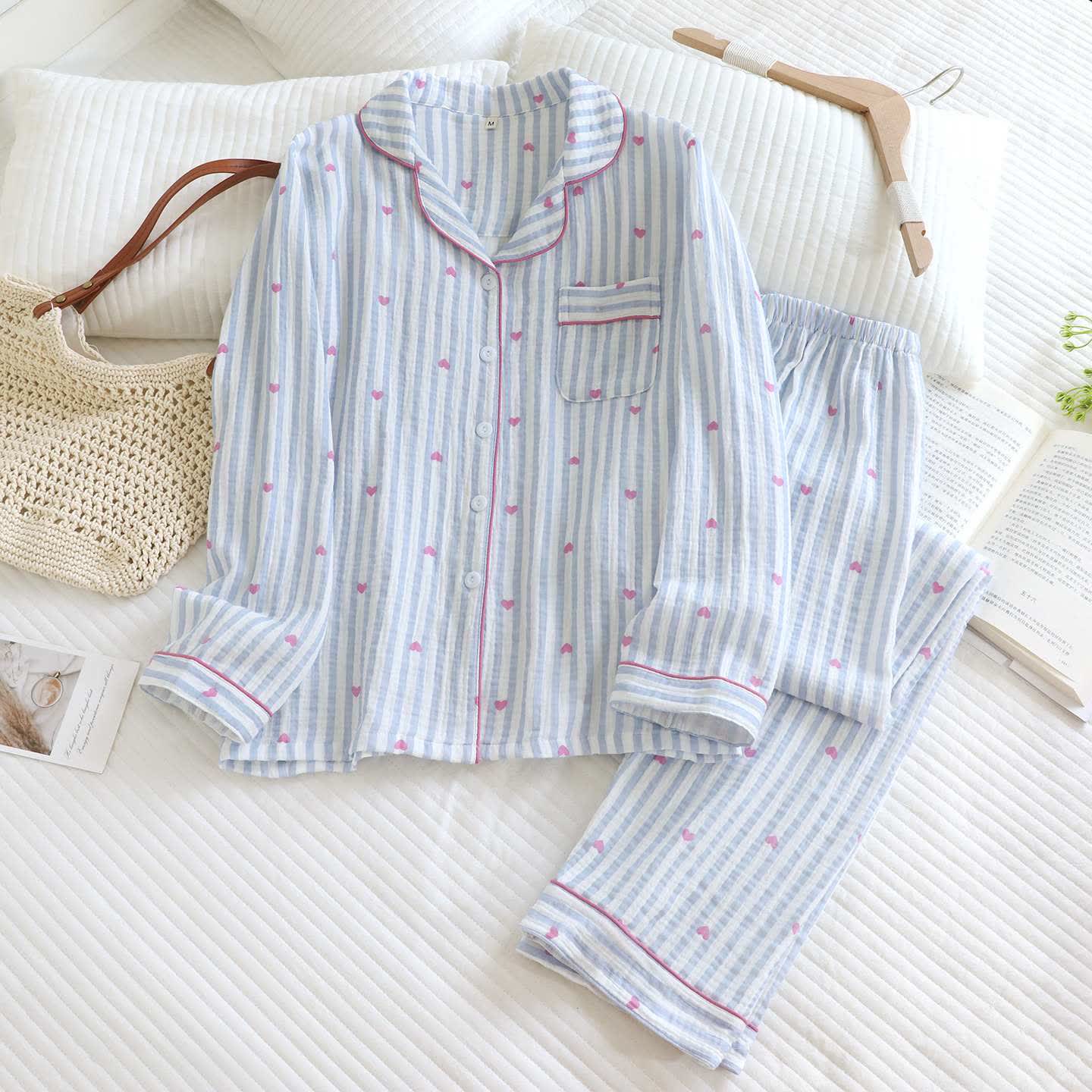 Stripe Heart Cotton Gauze Pajama Set - Blue - XL - image 3