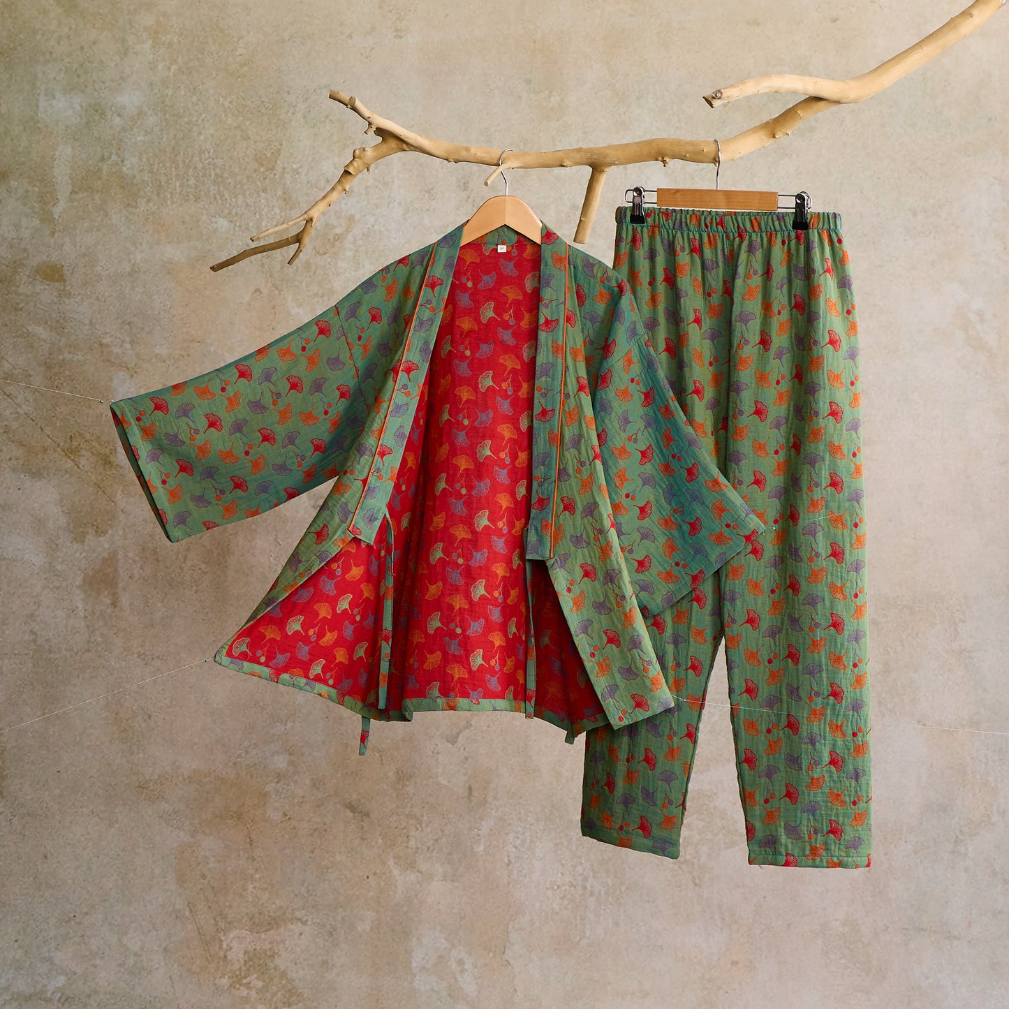 Ginkgo Organic Cotton Kimono Loungewear Set - Green & Red - XL - image 1
