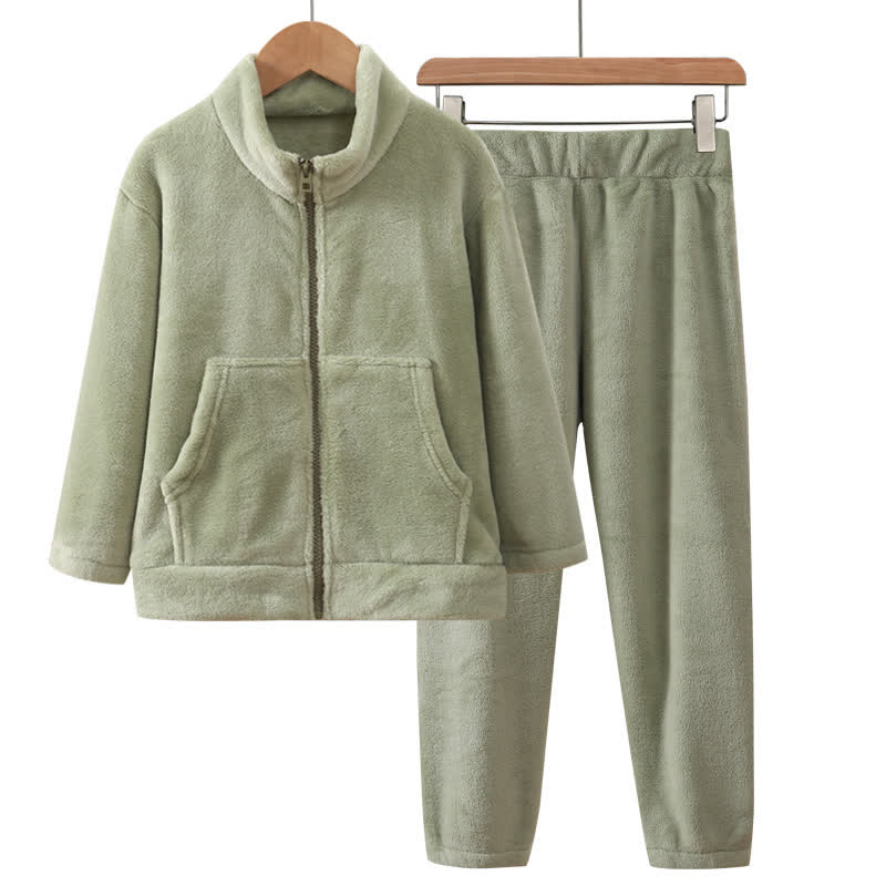 Solid Color Zip-up Warm Child Pajama Set - Green - Adult:180cm - image 4