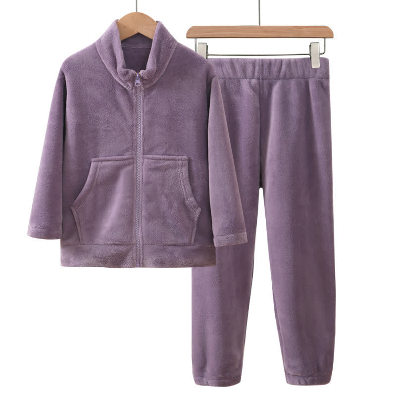 Solid Color Zip-up Warm Child Pajama Set - Purple - Child:160cm - image 6