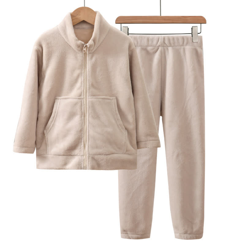 Solid Color Zip-up Warm Child Pajama Set - Beige - Adult:180cm - image 3
