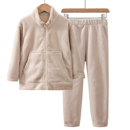 Solid Color Zip-up Warm Child Pajama Set - Beige - Adult:180cm - image 3