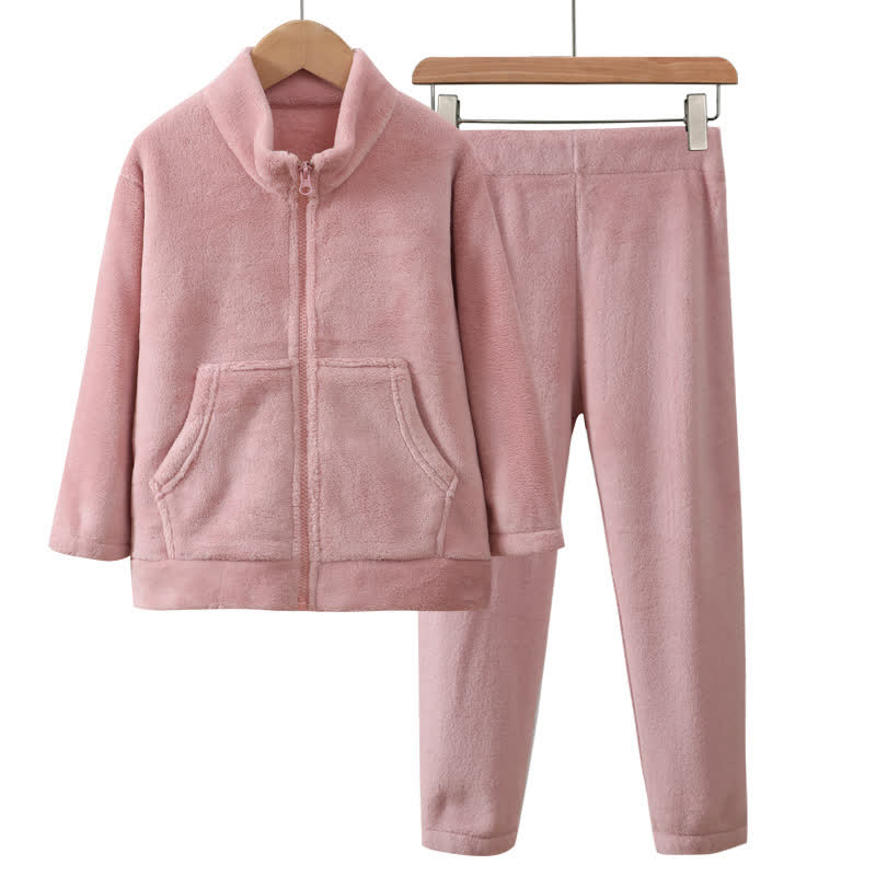 Solid Color Zip-up Warm Child Pajama Set - Pink - Adult:180cm - image 8