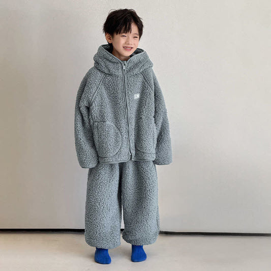 Solid Zip-up Hooded Child Loungewear Set - Blue - Child:170cm - image 0