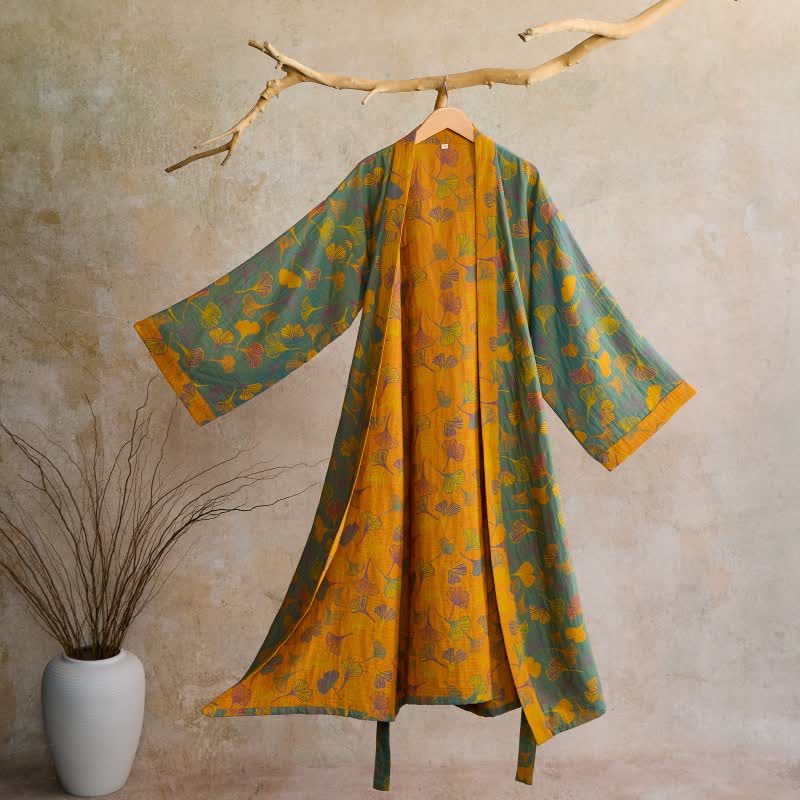 Ginkgo Biloba Cotton Gauze Kimono Robe - Green & Orange - 2XL - image 50