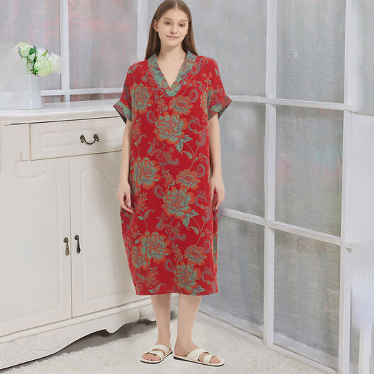 Floral Double-Layer Cotton Gauze Nightgown - Red - XL - image 0
