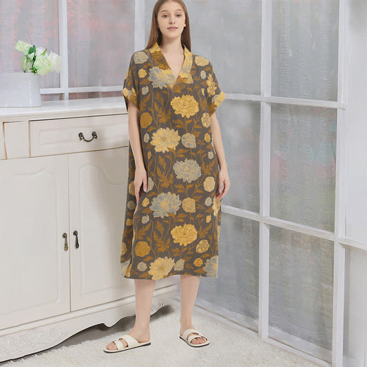 Vintage Peony Jacquard V-Neck Nightgown - Gray & Yellow - XL - image 0