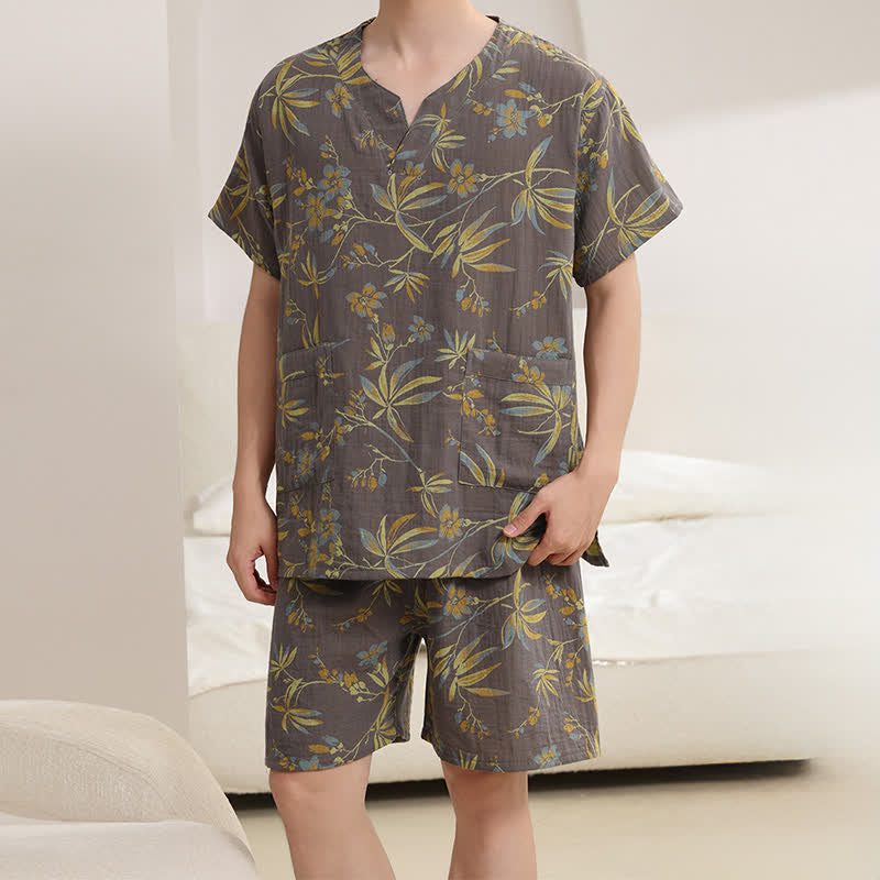 Breathable Cotton Gauze Kimono Pajama Set - Gray - Men : L - image 8