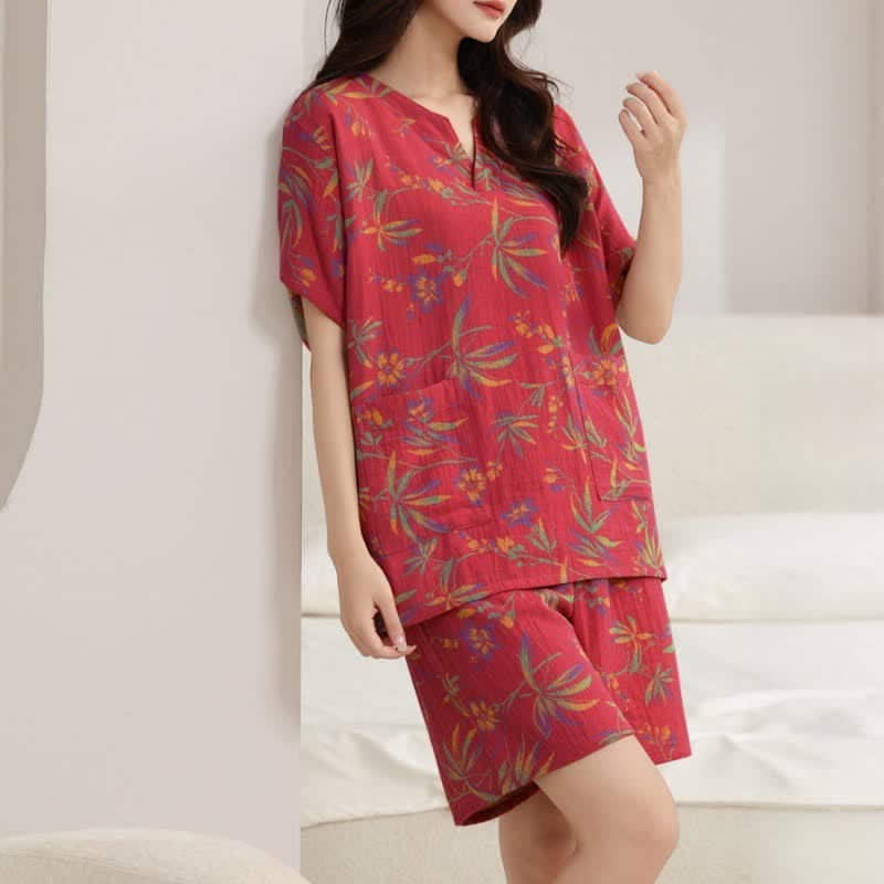 Breathable Cotton Gauze Kimono Pajama Set - Red - Women : L - image 7