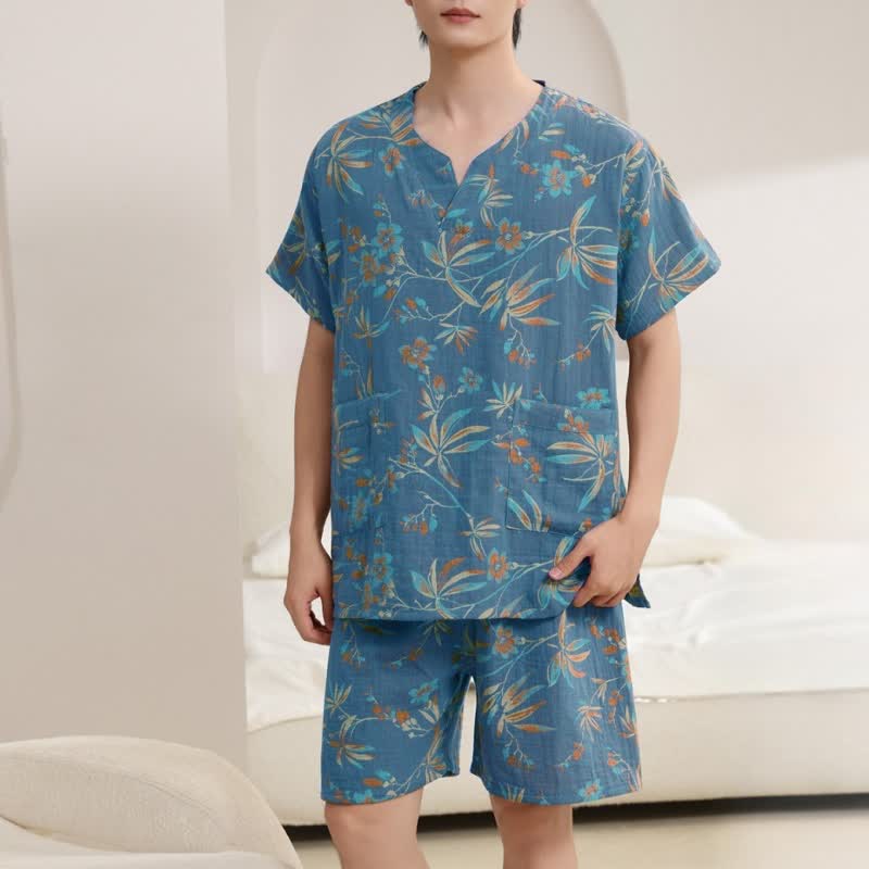 Breathable Cotton Gauze Kimono Pajama Set - Blue - Men : L - image 9