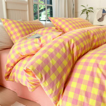 Checkered Pattern Pure Cotton Bedding Set - Pink & Yellow - 2PCS Pillowcases - 19" x 29" - image 0