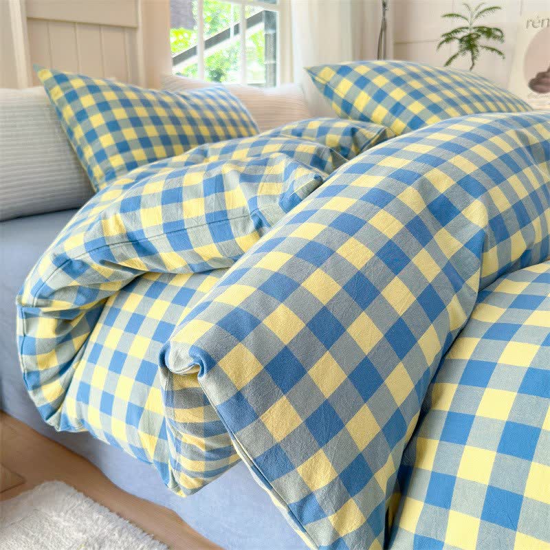 Checkered Pattern Pure Cotton Bedding Set - Blue & Yellow - 2PCS Pillowcases - 19" x 29" - image 2
