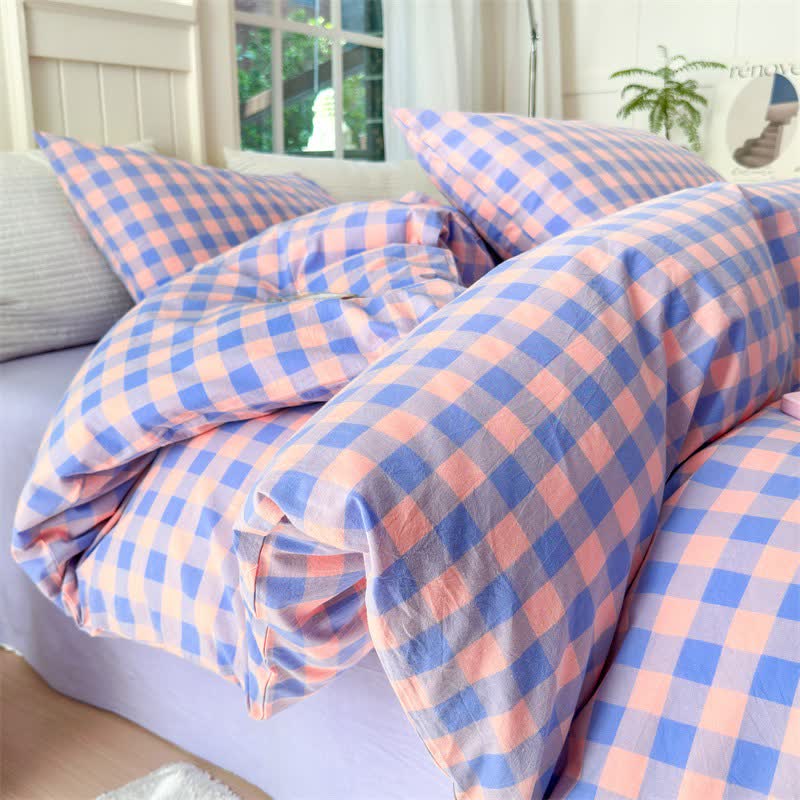 Checkered Pattern Pure Cotton Bedding Set - Purple & Pink - Bedding Set - King - image 8