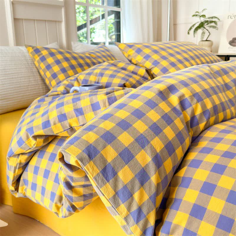Checkered Pattern Pure Cotton Bedding Set - Purple & Yellow - 2PCS Pillowcases - 19" x 29" - image 9