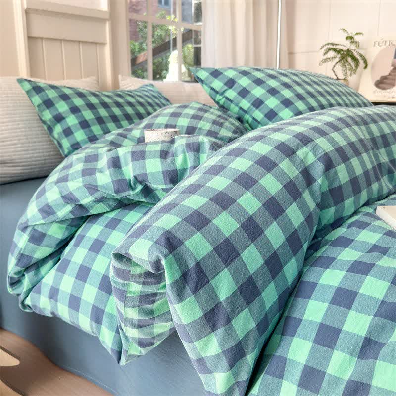 Checkered Pattern Pure Cotton Bedding Set - Blue & Green - 2PCS Pillowcases - 19" x 29" - image 8