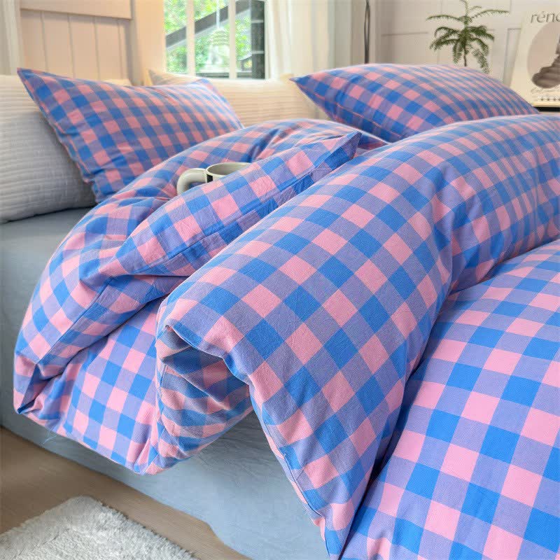 Checkered Pattern Pure Cotton Bedding Set - Blue & Purple - 2PCS Pillowcases - 19" x 29" - image 7
