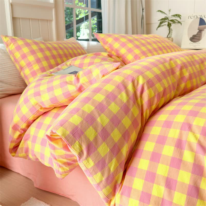 Checkered Pattern Pure Cotton Bedding Set - Pink & Yellow - Bedding Set - King - image 9