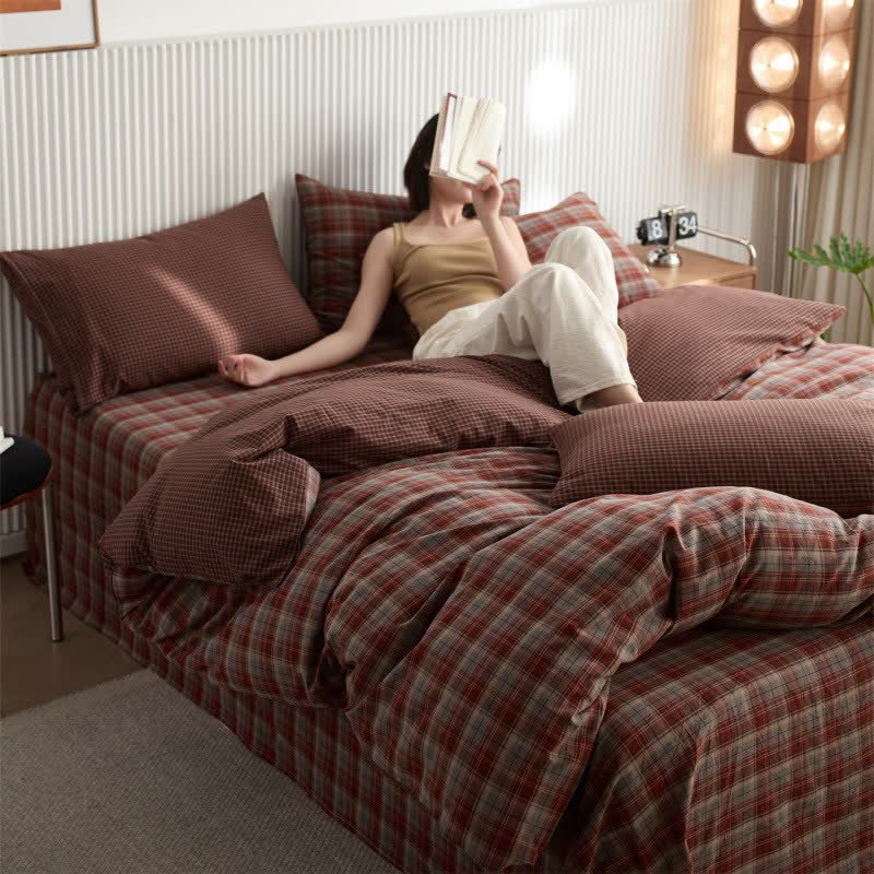 Vintage Subtle Plaid Cotton Bedding Set - Red - King - image 0