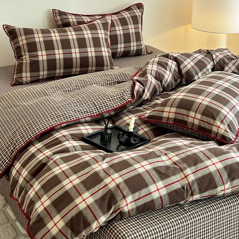 Reversible Vintage Plaid Cotton Bedding Set - Coffee - King - image 5