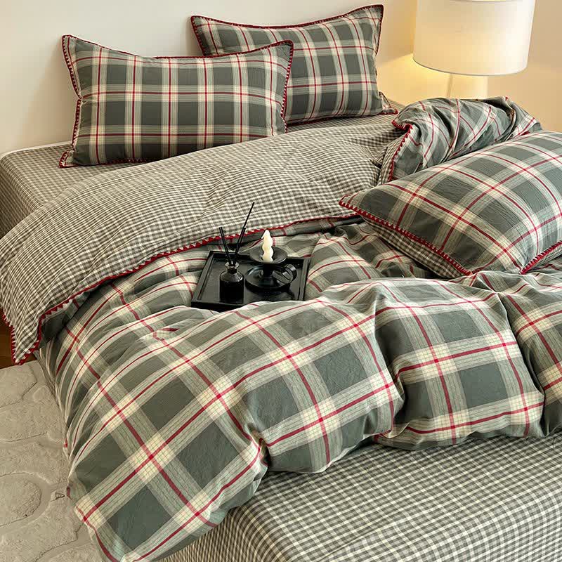 Reversible Vintage Plaid Cotton Bedding Set - Green - King - image 1