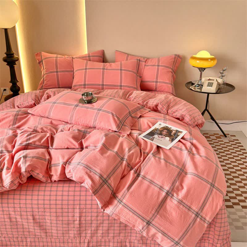 Reversible Oversized Grid Cotton Bedding Set - Pink - Bedding Set - King - image 6