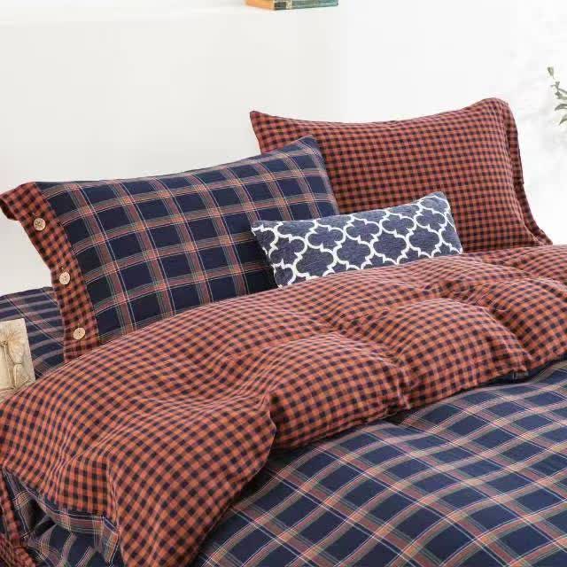 Retro Plaid Cotton Gauze Button Bedding Set(4PCS) - image 2