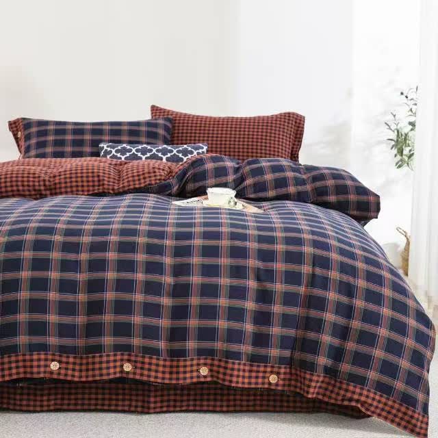 Retro Plaid Cotton Gauze Button Bedding Set(4PCS) - King - image 0