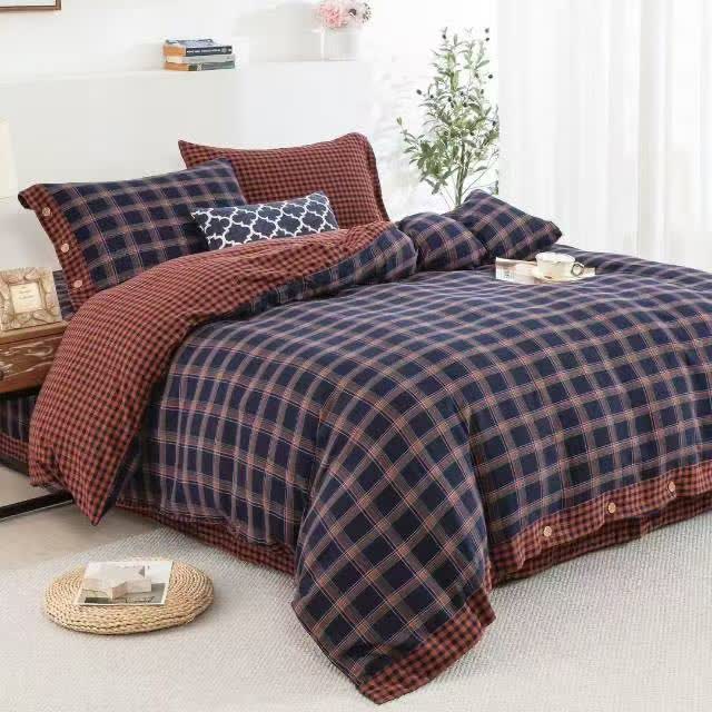 Retro Plaid Cotton Gauze Button Bedding Set(4PCS) - image 1