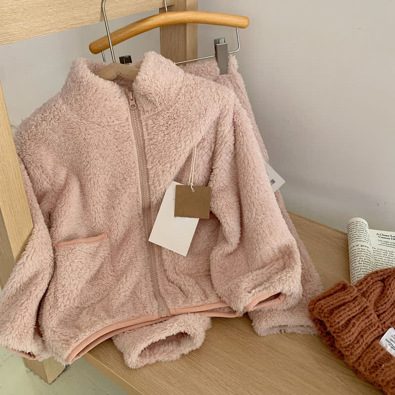 Solid Zip-up Kids Loungewear Set - Pink - Child:150cm - image 8