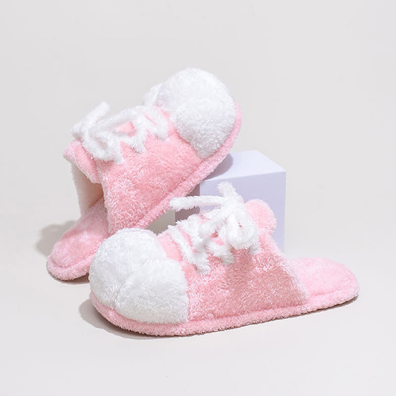 Cat Paw Lace-Up Closed-Toe Plush Slippers - Pink - L - image 1