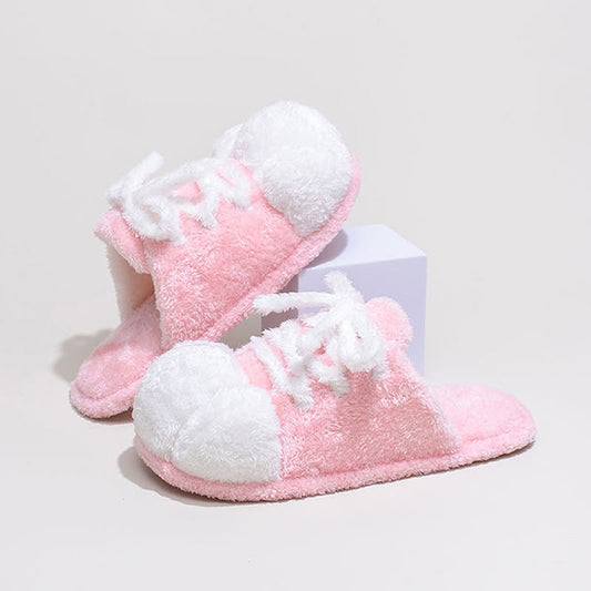 Cat Paw Lace-Up Closed-Toe Plush Slippers - Pink - L - image 1